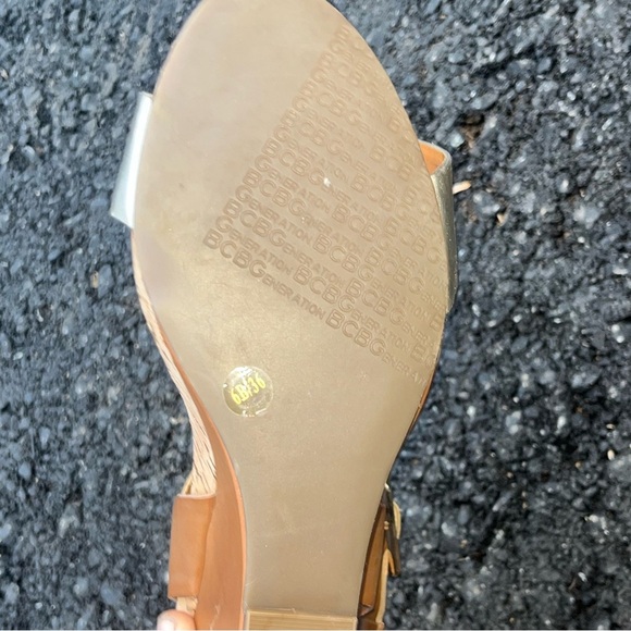 BCBG Tan and Silver Wedge Sandals with Ankle Strap - Picture 14 of 15